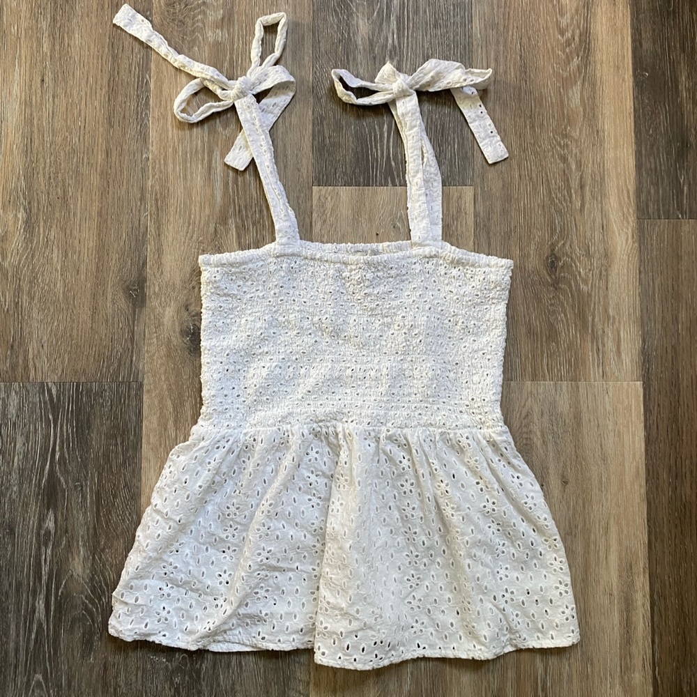 Poof! White Eyelet‎ Lace Ribbon Bow Strap Sleeveless Babydoll Top Size Small